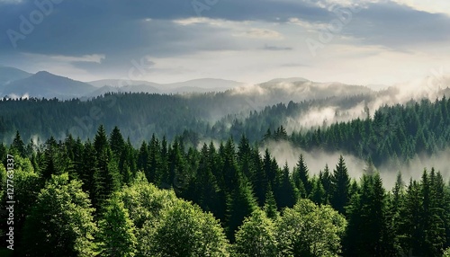 Beautiful landscape of foggy forest 