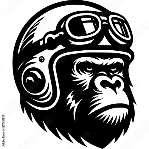 Tattoo of monkey motorcyclist in monochrome. Baboon in a motorcycle helmet. Engraving minimalistic vector in black ink drawing on transparent background
