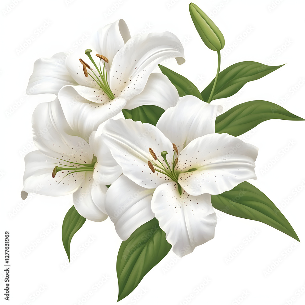 Fototapeta premium White Easter lily floral arrangement with green leaves, symbolizing purity and renewal