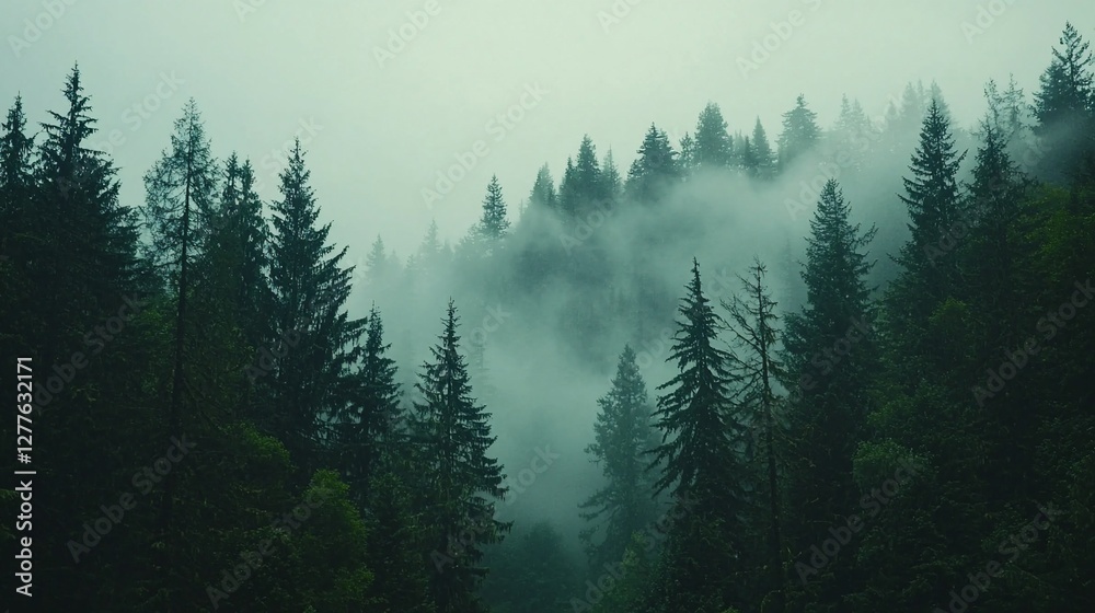 Fototapeta premium Misty mountain forest, evergreen trees, tranquil scene, nature background, ideal for travel brochures