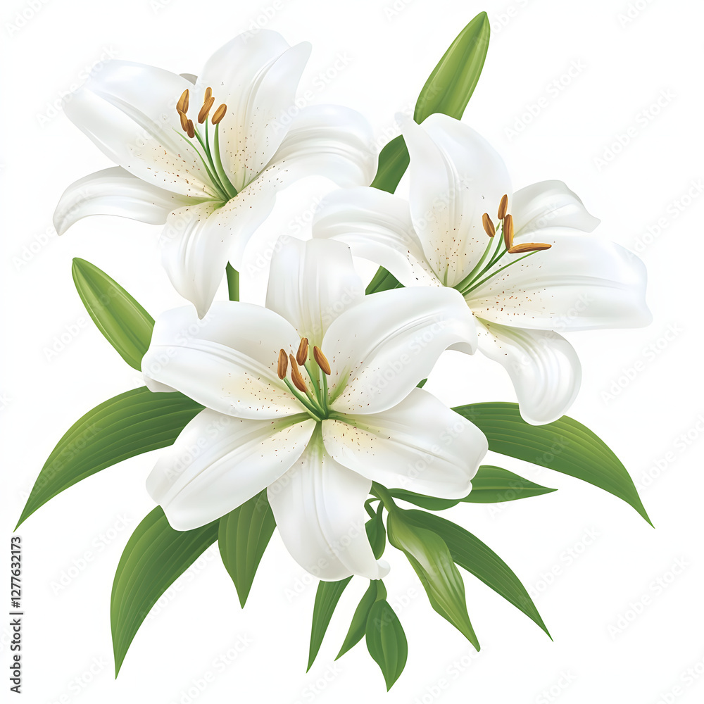 White Easter lilies with green leaves, symbolizing purity and renewal White Easter lilies with green leaves, symbolizing purity and renewal