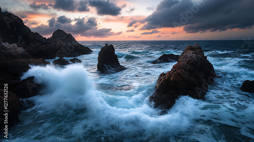 A dramatic seascape with waves crashing against jagged rocks under a moody twilight sky 