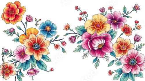 Hand drawn Korean style flowers with intricate details and vibrant colors, floral, vibrant, colors