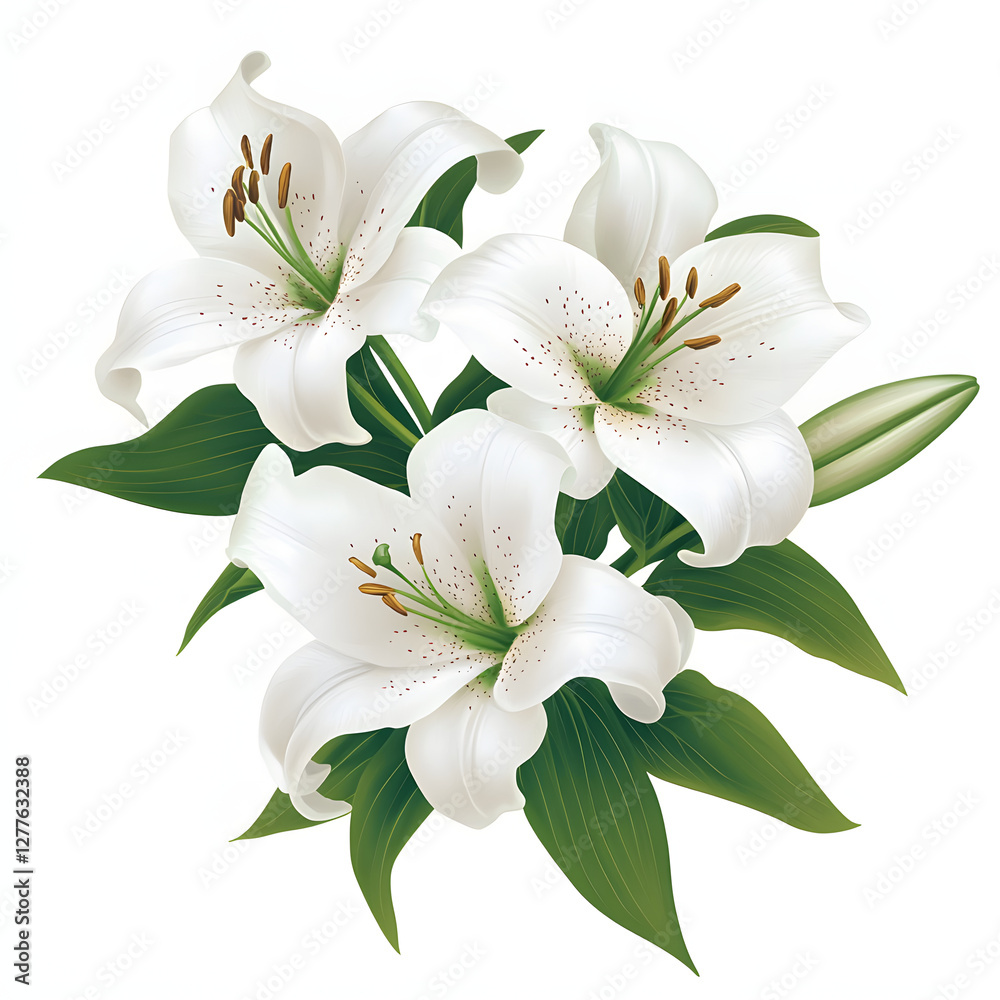 Fototapeta premium White Easter lilies in hand tied bouquet with green leaves