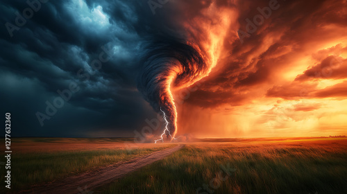 A fierce tornado forming over an open plain, with dramatic lightning striking in the distance 