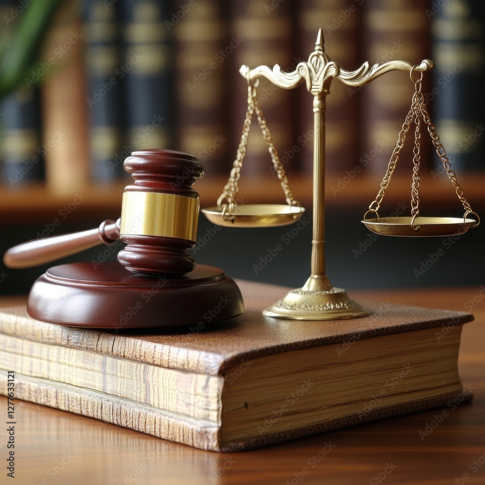 A gavel and scales of justice symbolizing law and order, set on a book with blurred legal books in the background. A gavel and scales of justice symbolizing law and order, set on a book with blurred legal books in the background.