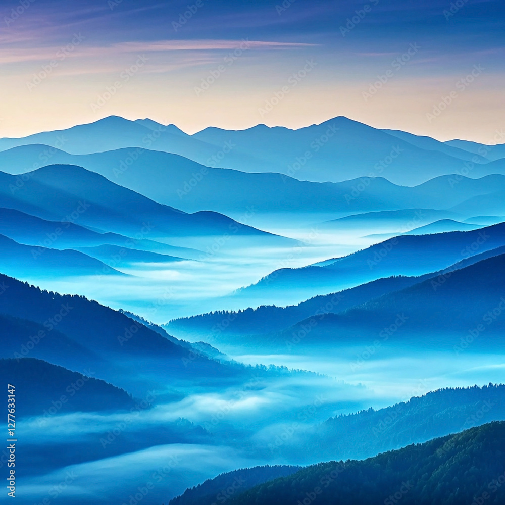 Obraz premium Misty Blue Mountain Sunrise Landscape, Serenity Wallpaper