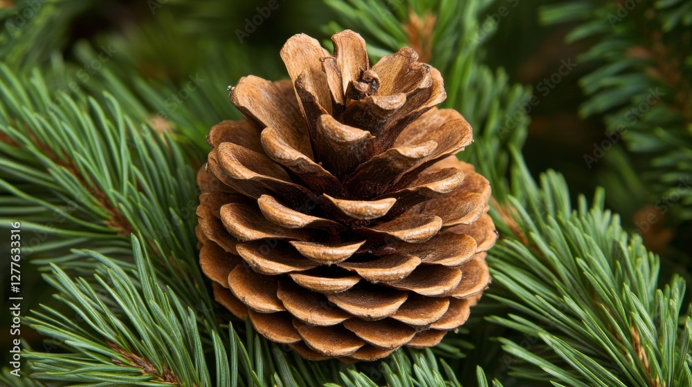 A close-up of a perfectly shaped pine cone resting on a bed of pine needles, with soft natural light highlighting its texture. A close-up of a perfectly shaped pine cone resting on a bed of pine needles, with soft natural light highlighting its texture.