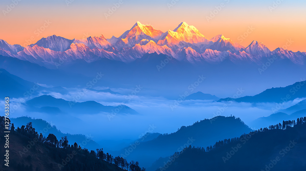A mesmerizing view of towering snow-capped mountains, bathed in the golden glow of sunrise, with mist swirling around the peaks A mesmerizing view of towering snow-capped mountains, bathed in the golden glow of sunrise, with mist swirling around the peaks