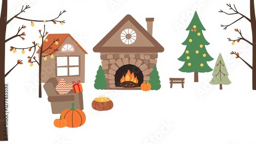 Illustration of cozy autumn and winter elements with hygge quotes in Scandinavian style on white background, illustration, holidays, Scandinavian photo