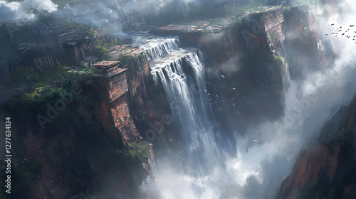 Fototapeta Naklejka Na Ścianę i Meble -  A powerful waterfall crashing into a deep canyon, sending mist into the air 