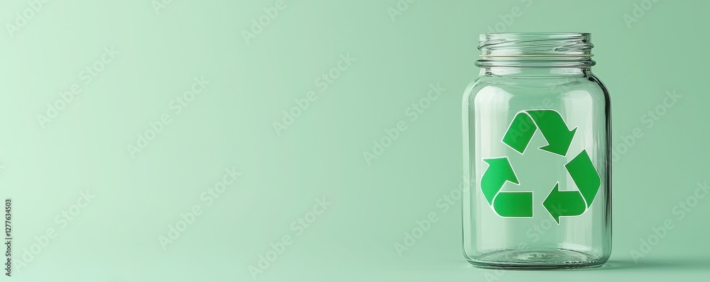 Clear Glass Jar Featuring Green Recycling Symbol Against a Soft Green Background for Eco-Friendly Themes Clear Glass Jar Featuring Green Recycling Symbol Against a Soft Green Background for Eco-Friendly Themes