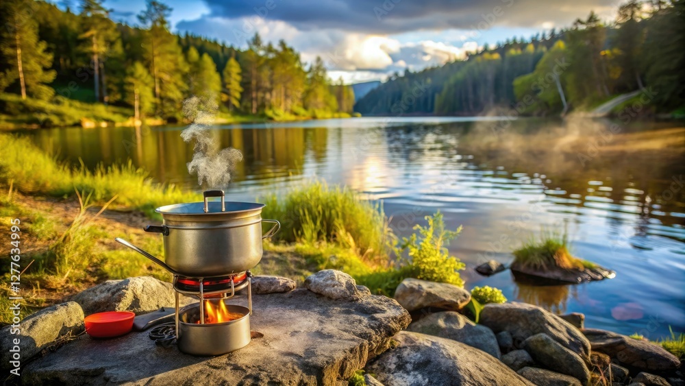 A camping stove cooking food in a scenic outdoor setting with a lake or river nearby, river, lake, self catering, portable stove, outdoor cooking A camping stove cooking food in a scenic outdoor setting with a lake or river nearby, river, lake, self catering, portable stove, outdoor cooking