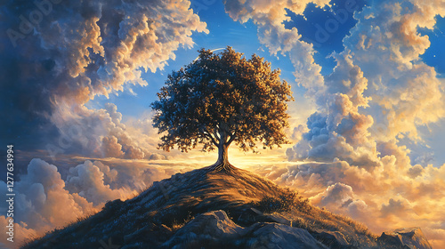 A symbolic tree of life standing tall on a hill under a radiant sky 
