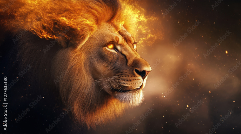 Fototapeta premium majestic lion with fiery mane, exuding strength and power, stands against dark, smoky background. Its intense gaze captivates, embodying spirit of wild