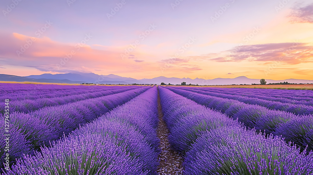 Obraz premium A vast lavender field in full bloom, stretching endlessly under a pastel evening sky