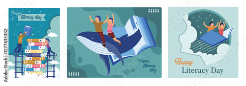 Children's imagination when reading books, children imagine riding a big whale.