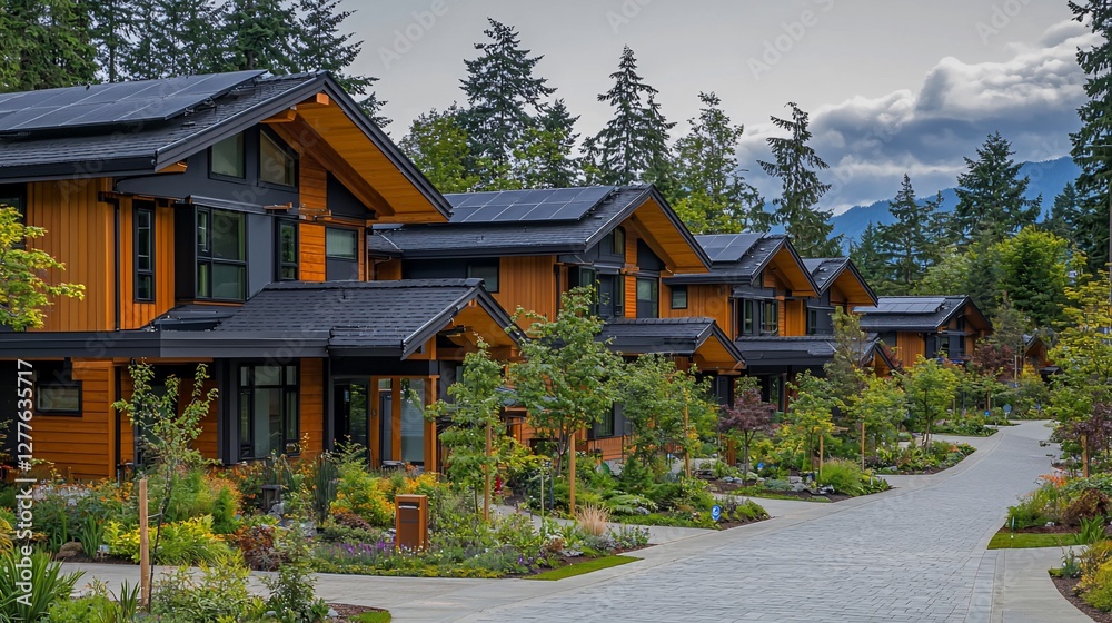 Modern homes, mountain view, solar panels, landscaped street. Real estate listing Modern homes, mountain view, solar panels, landscaped street. Real estate listing
