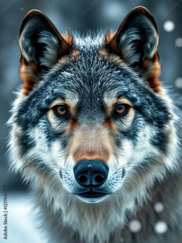 Fototapeta premium A close-up shot of a timber wolf's face with its nose and eyes exposed as it sniffs the air during winter, frosty atmosphere, snowy environment., natural habitat, ice-encrusted whiskers