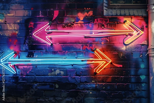 Two vibrant neon arrows, pink and blue, point in opposite directions on a graffiticovered brick wall, symbolizing choices and diverging paths. photo