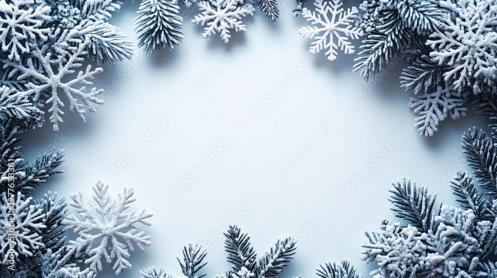 Winter-themed frame of snowflakes and evergreen branches on a light background, perfect for seasonal greetings Winter-themed frame of snowflakes and evergreen branches on a light background, perfect for seasonal greetings