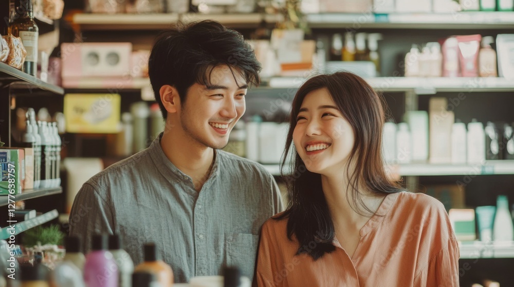 happy couple shopping together in a store happy couple shopping together in a store