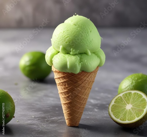 A colorful ice cream cone filled with a vibrant green coconut lime sorbet , coconut flavor, unique treat, sorbet
