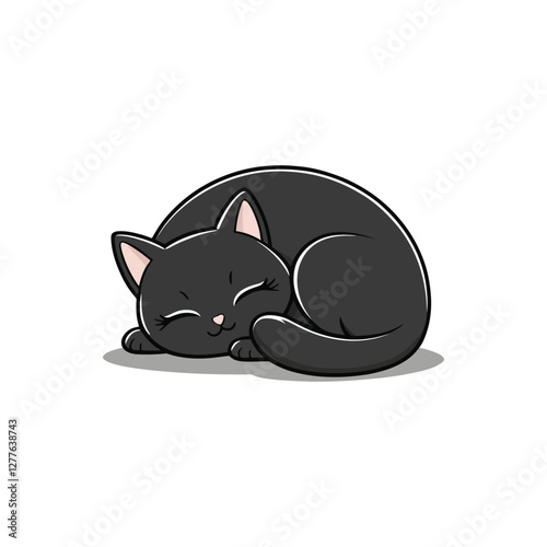 Black Cat Sleeping Cozily in Ball Shape - Cartoon Vector Art on White