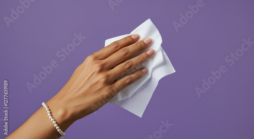Hand cleaning with wipe on purple background. Hand holding cleaning wipe for cleaning surface