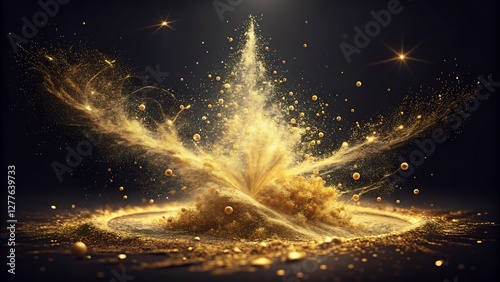 Elegant Gold Dust Explosion on a Dark Background with Shimmering Light Particles dramatic burst of golden dust particles radiating against a deep, dark background, creating a captivating  photo