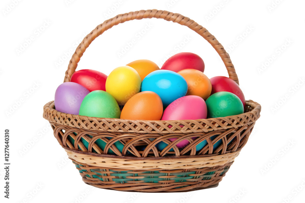 Naklejka premium Wicker basket filled with colorful Easter eggs, vibrant hues, isolated, celebration and festivity