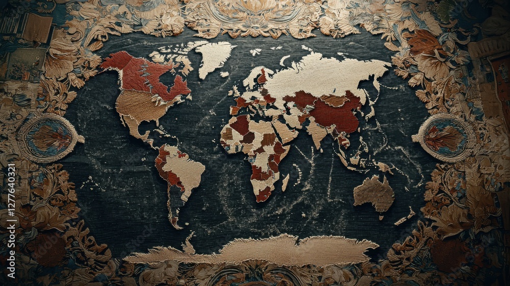 Naklejka premium A vintage-style world map featuring detailed geographical outlines in earthy tones, providing a classic, artistic representation of the globe.
