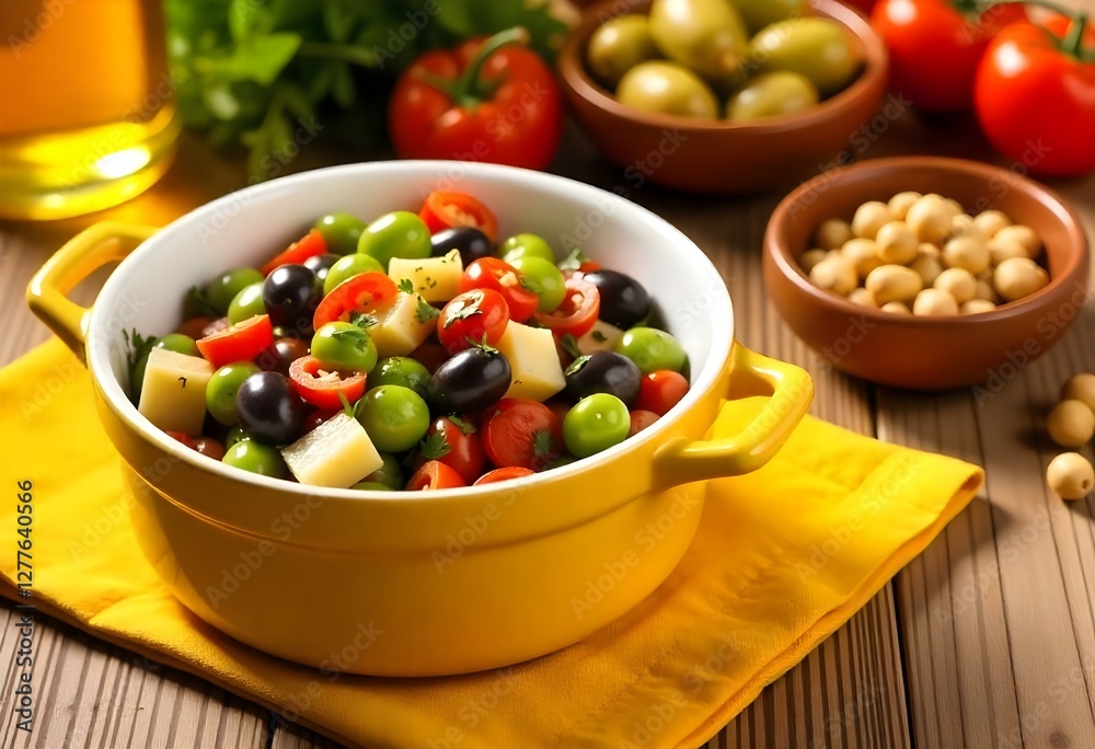 A yellow bowl with cooked vegetables on a yellow cloth, olives, and nuts in the background A yellow bowl with cooked vegetables on a yellow cloth, olives, and nuts in the background