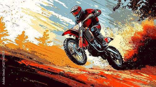 Motocross rider jumps dirt bike, sunset forest background, action sports poster