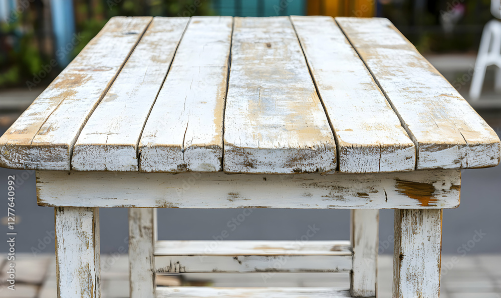 Rustic whitewashed wooden table, weathered texture, shabby chic style, outdoor setting, blank surface, copy space.