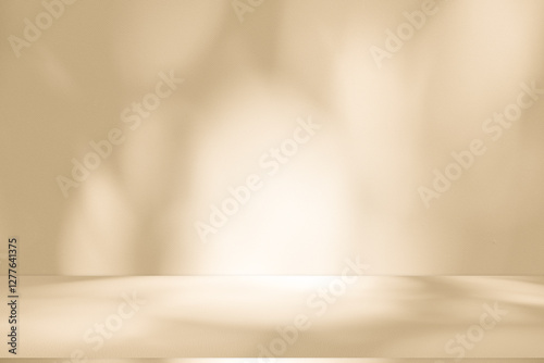 Wall interior background, studio and backdrops show products. with leaf shadow from window color beige and white. background for text insertion and presentation of product	 photo