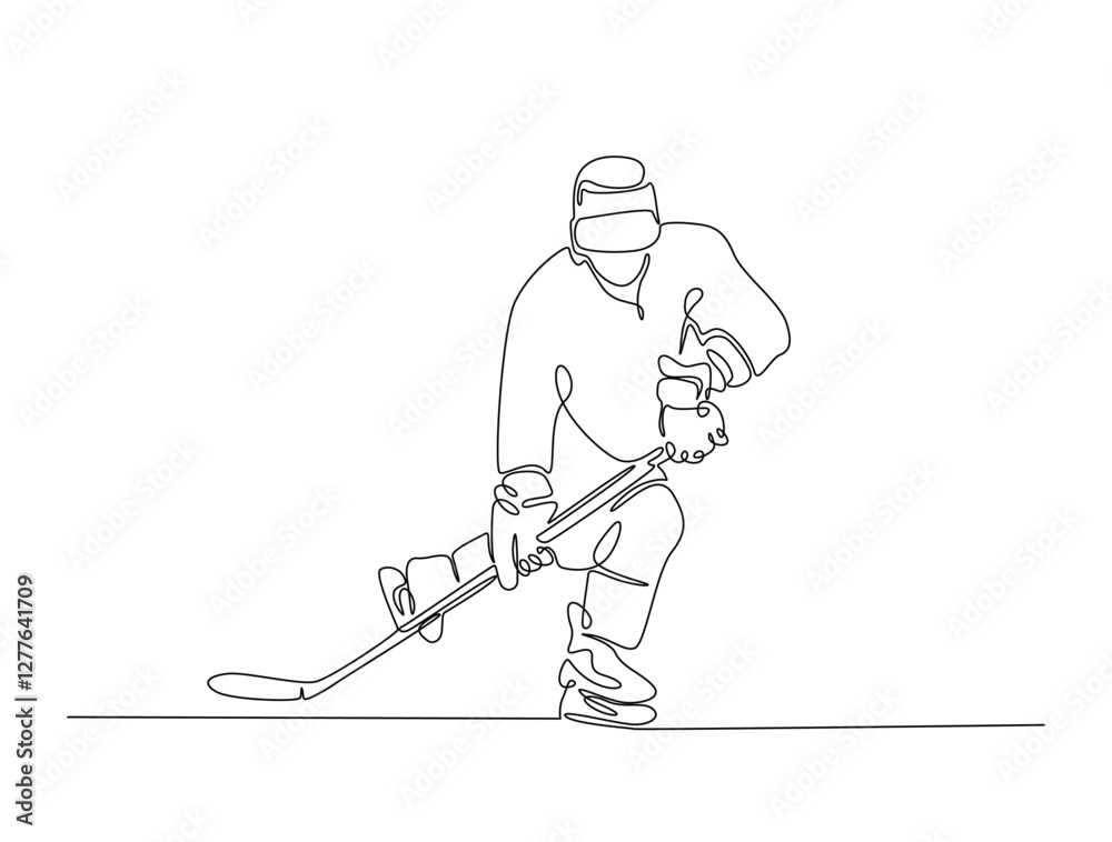 Obraz premium Continuous line art drawing of ice hockey player illustration. Hockey player in one line drawing design. Editable stroke.