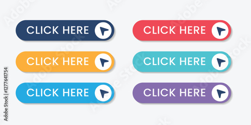 Click here arrow button click icon. Click here web button. Web button with arrow pointer action. Click here ui button concept.