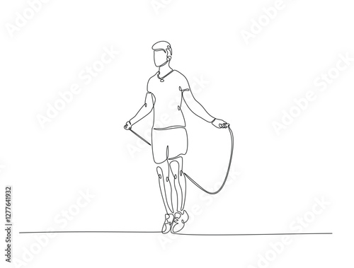 Continuous line art drawing of young man jumping with skipping rope. Cardiovascular exercise by jumping with skipping rope line art drawing vector illustration. Editable stroke.