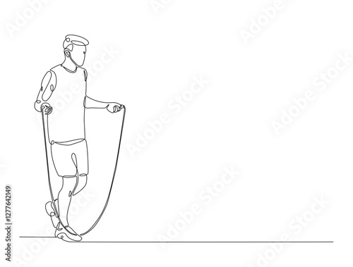 Continuous line art drawing of young man jumping with skipping rope. Cardiovascular exercise by jumping with skipping rope line art drawing vector illustration. Editable stroke.