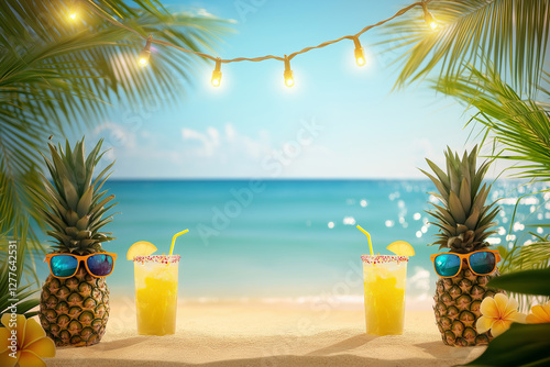 Fototapeta Naklejka Na Ścianę i Meble -  A festive beachside setting with pineapples wearing sunglasses, colorful cocktails, and a lively summer atmosphere. String lights hang above, and the sandy beach meets the turquoise ocean