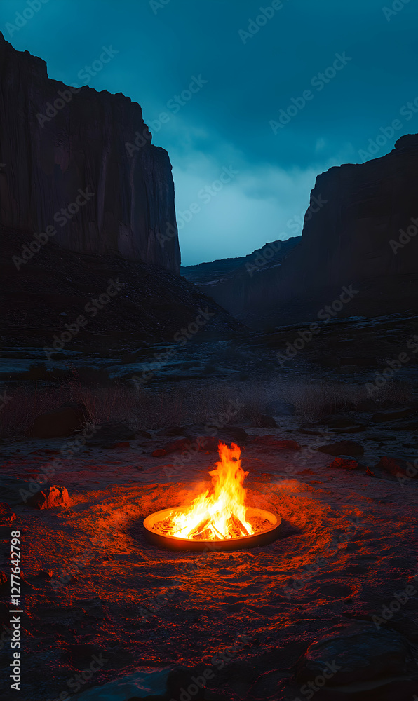 Campfire illuminates the majestic canyon walls under a dark blue night sky atmosphere