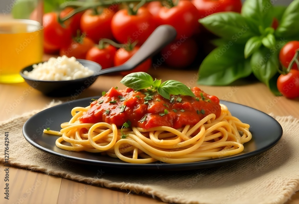 Spaghetti with tomato sauce and basil on a black plate, tomatoes and basil in the background Spaghetti with tomato sauce and basil on a black plate, tomatoes and basil in the background