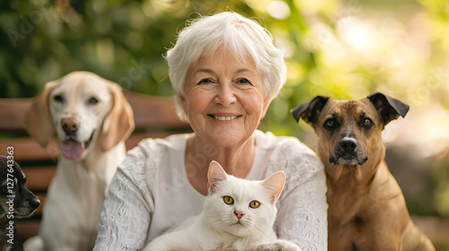 Happy Senior Woman Surrounded by Dogs and a Cat in a Green Garden