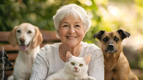 Fototapeta Happy Senior Woman Surrounded by Dogs and a Cat in a Green Garden
