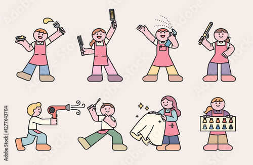 Illustration of happy hairdressers and salon professionals styling hair, using tools, and providing beauty services.