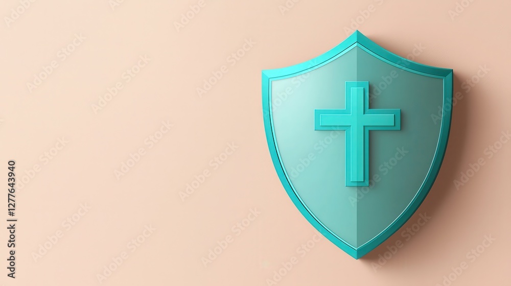 Fototapeta premium A stylized turquoise shield with a cross symbol, set against a soft beige background, representing faith and protection.