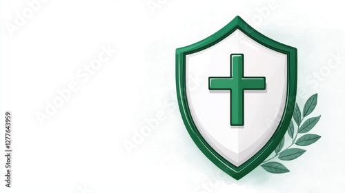 Free Download A green shield featuring a cross, symbolizing protection and faith, accompanied by a laurel branch, representing victory and peace. - GFXLoad