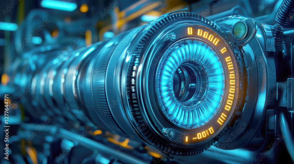 Fototapeta premium Close-up view of futuristic machine lens with glowing details.