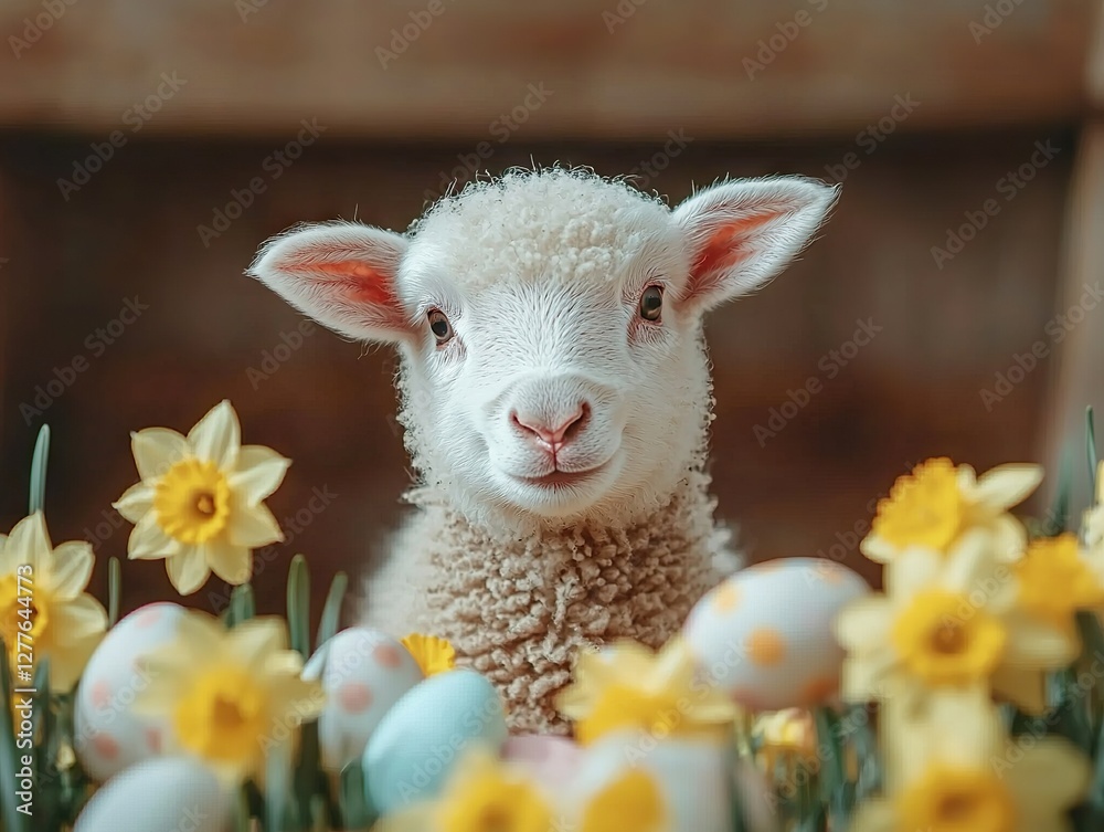 Fototapeta premium Easter celebration lamb among daffodils and colorful eggs spring garden cute animal photography cheerful vibe